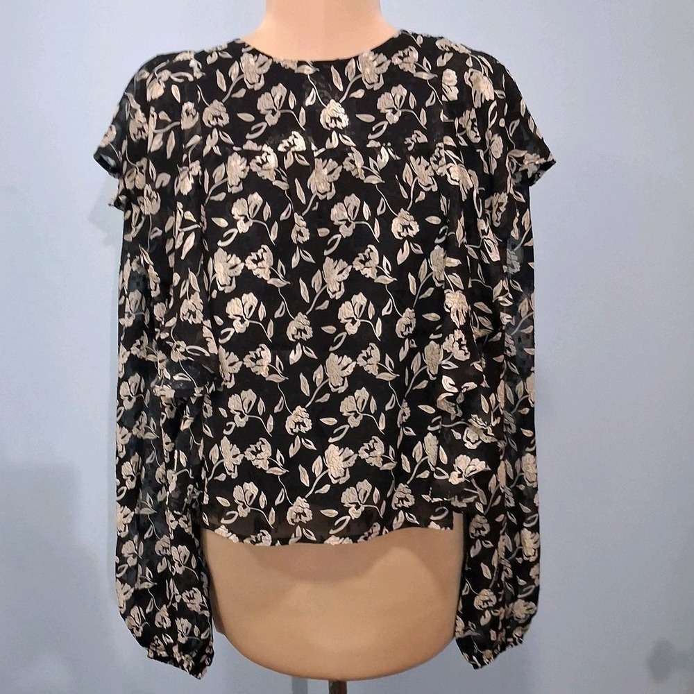 En Saison Womans Top Sheer Black Floral‎ Ruffle Sz Sm Romantic Whimsigoth New